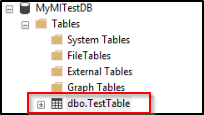 Screenshot from Object Explorer in SSMS showing the folder structure for Tables in MyMITestDB. The dbo.TestTable folder is highlighted.