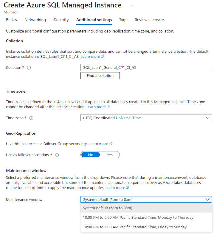 Screenshot from the Azure portal. In the Create Azure SQL managed instance, on the Additional settings tab, the Maintenance window drop down is open.