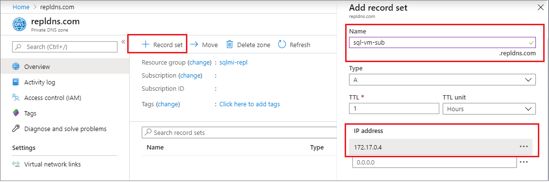Screenshot showing how to configure an A record.