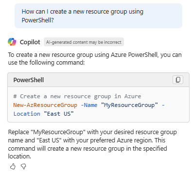 Screenshot of Copilot in Azure providing the PowerShell cmdlet to create a new resource group.