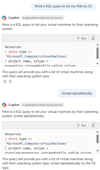 Screenshot of Microsoft Copilot in Azure generating and then revising a query to list VMs by OS.