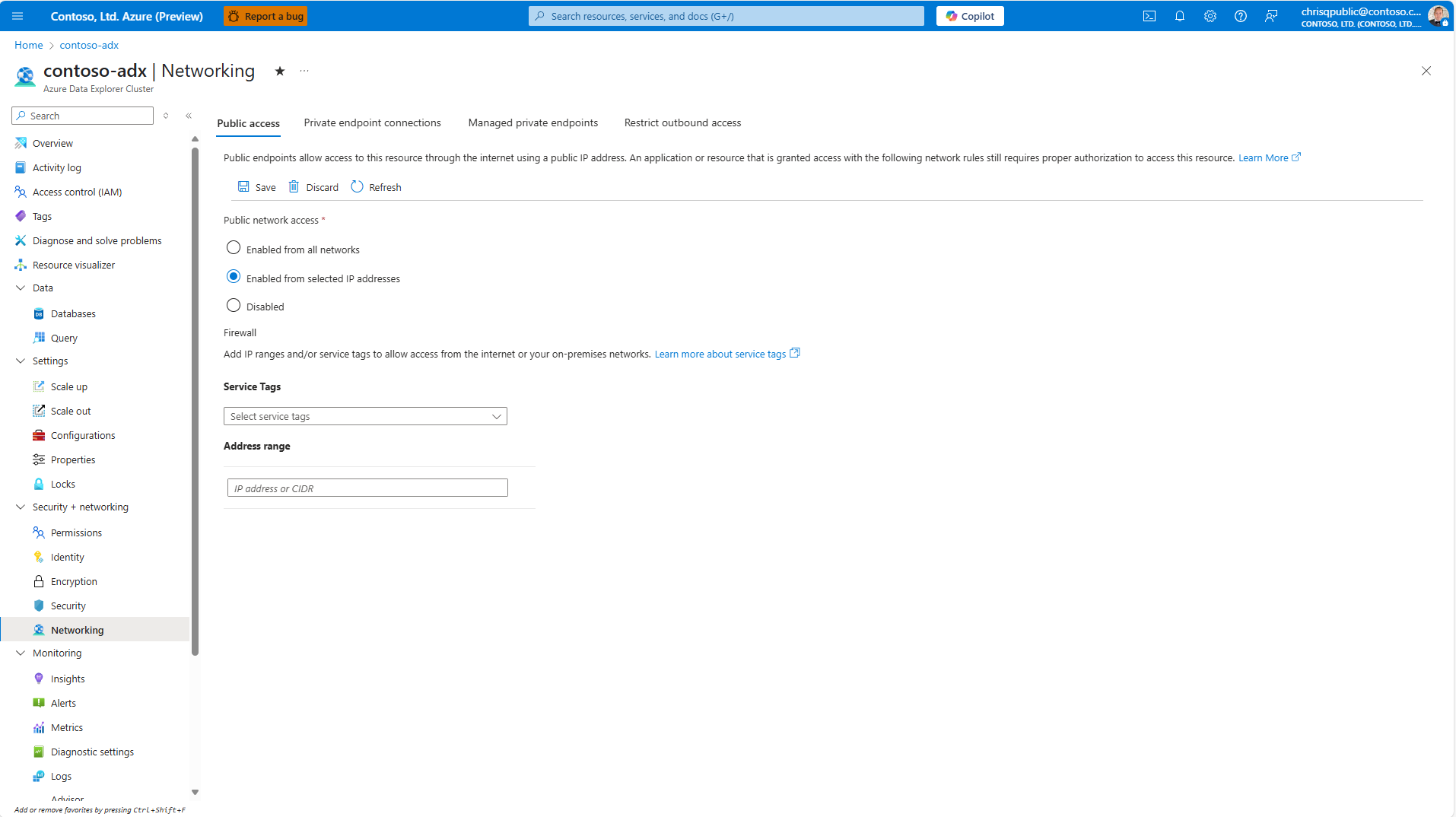Screenshot of the network configuration page, showing the enabled from selected IP addresses option without any address range or service tag configured.