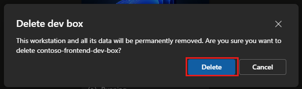 Screenshot of the confirmation message about deleting a dev box.