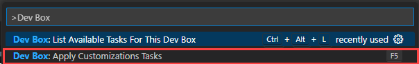 Screenshot of the Visual Studio Code command palette with the Dev Box: Apply Customizations Tasks option selected.