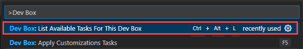 Screenshot of the Visual Studio Code command palette with the Dev Box: List Available Tasks For This Dev Box option selected.