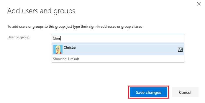 Screenshot showing Add users and group dialog, on-premises.