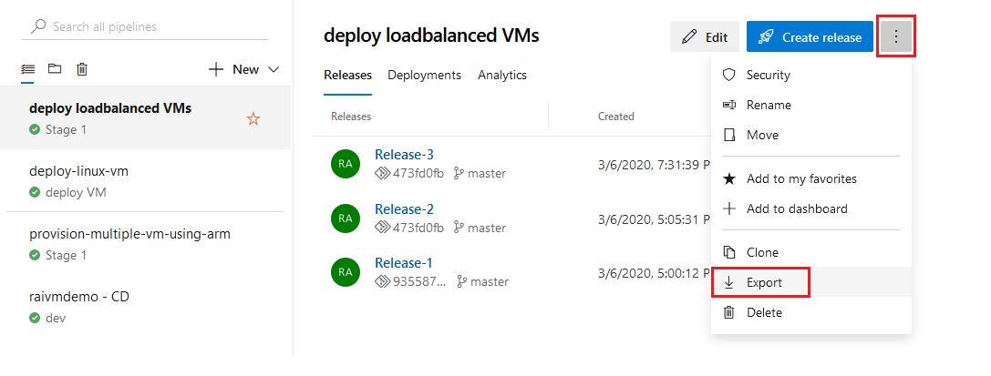 Screenshot that shows Export release pipeline.