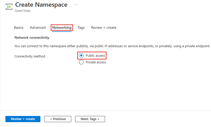 Screenshot of the Networking page in the Create namespace wizard with Public access selected.