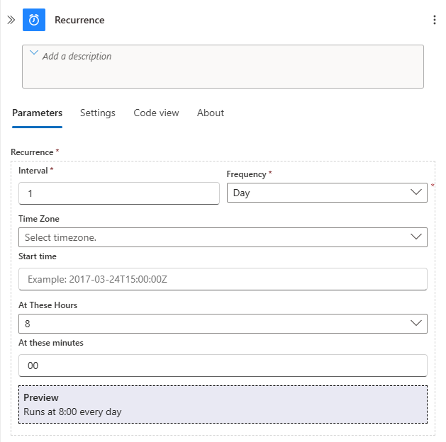 Screenshot shows the Azure portal and workflow designer with Recurrence trigger parameters set up.