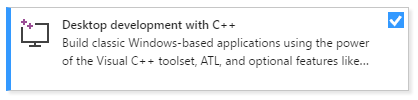 Screenshot of the Desktop development with C plus plus workload in the Visual Studio Installer.