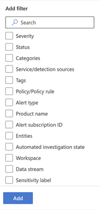 All the filters available in the Alerts queue in the Microsoft Defender portal