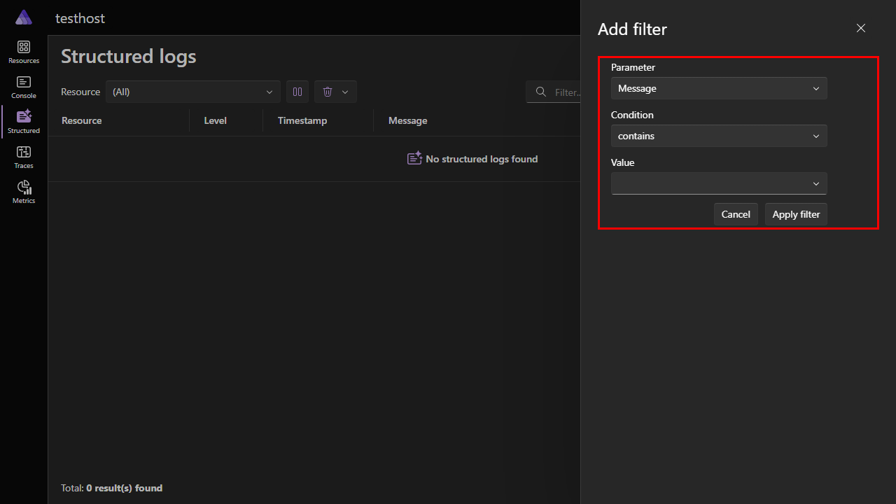 A screenshot of the .NET Aspire dashboard Structured logs page showing the filter dialog.