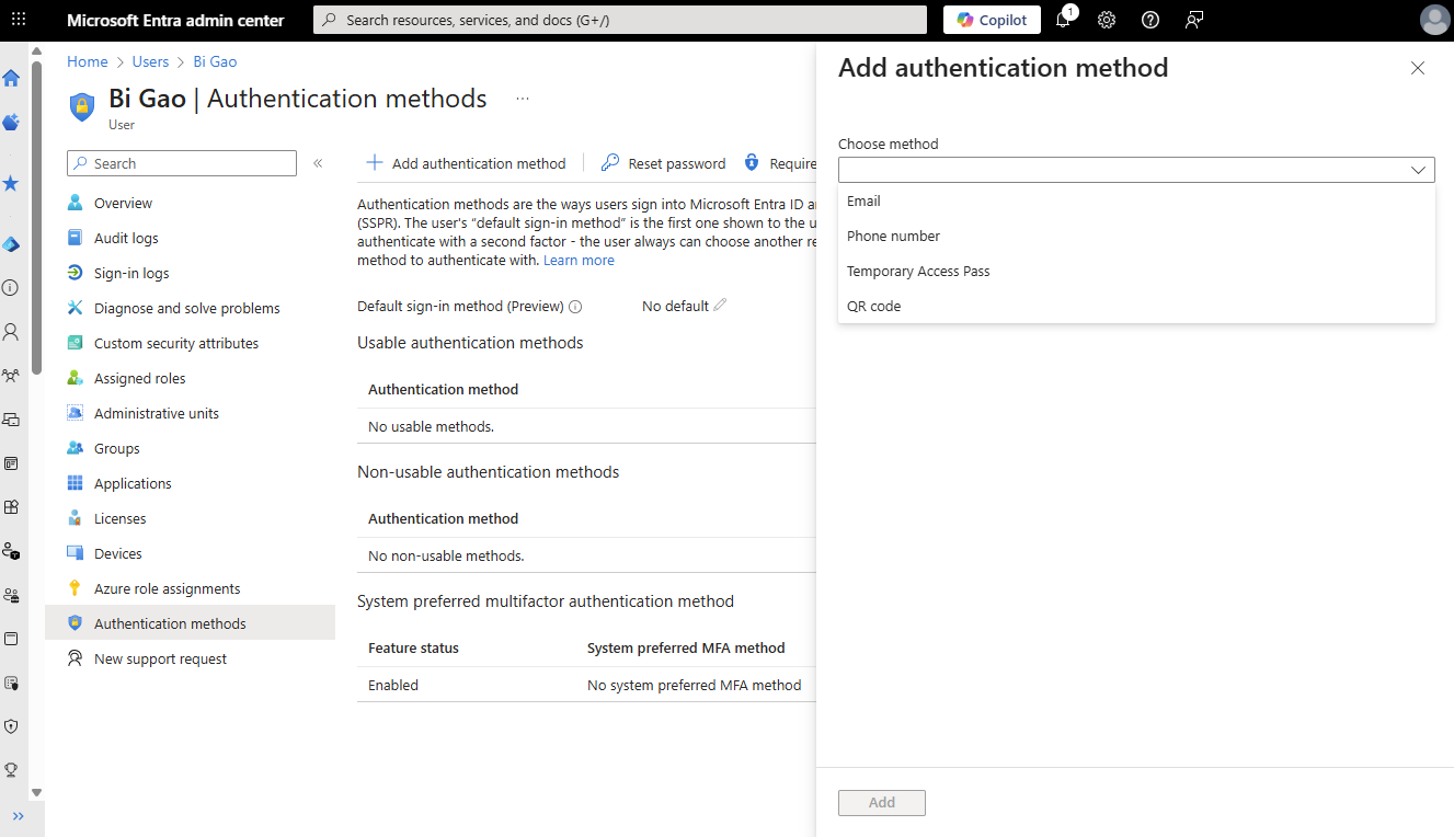 Screenshot of how to add authentication methods from the Microsoft Entra admin center.