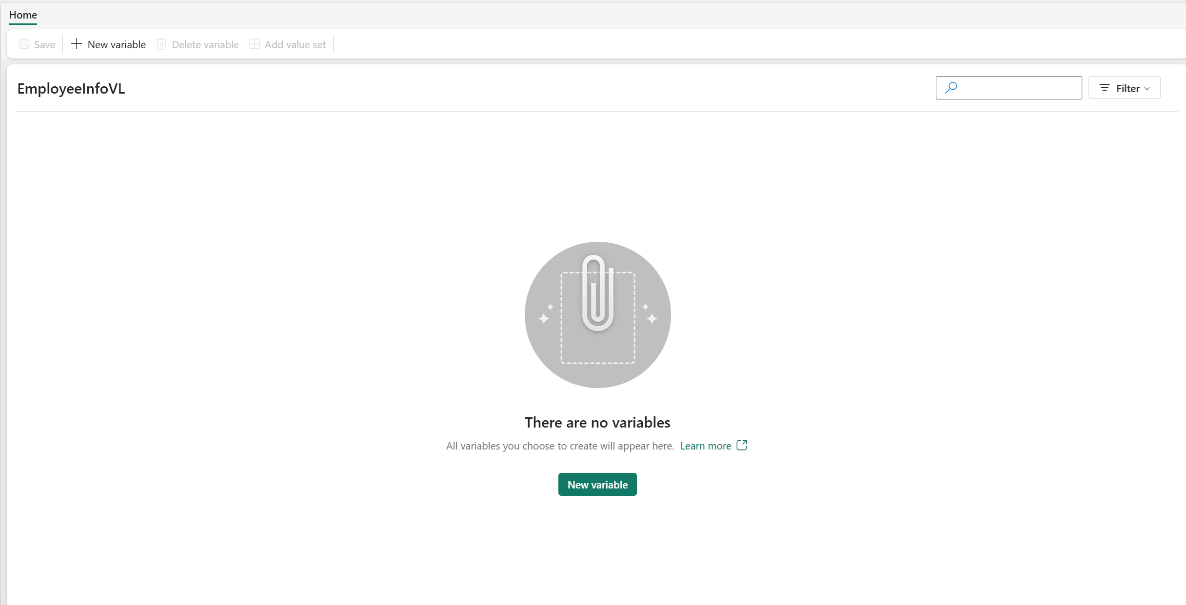 Screenshot of an empty variable library with a button for a new variable.