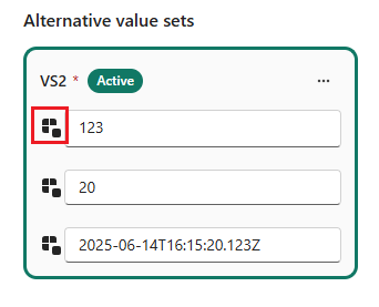 Screenshot of a variable library that shows a reset button next to each value of a variable.