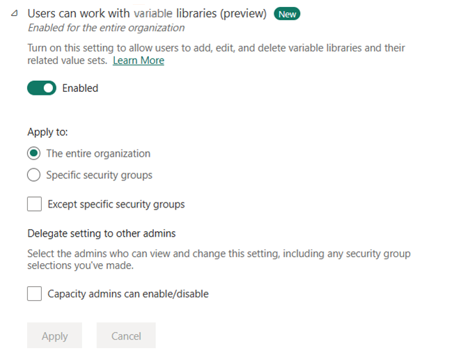 Screenshot of a tenant switch for working with variable libraries.