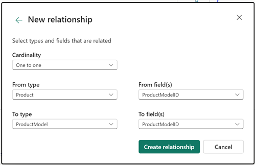 Screenshot showing examples of selections for the five required fields for a new relationship.