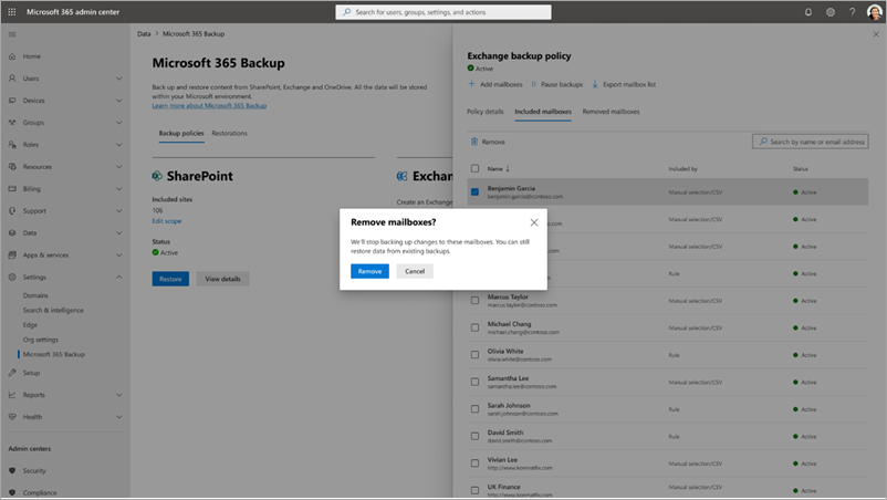 Screenshot showing how to remove user mailboxes from Exchange backup policy in the Microsoft 365 admin center.