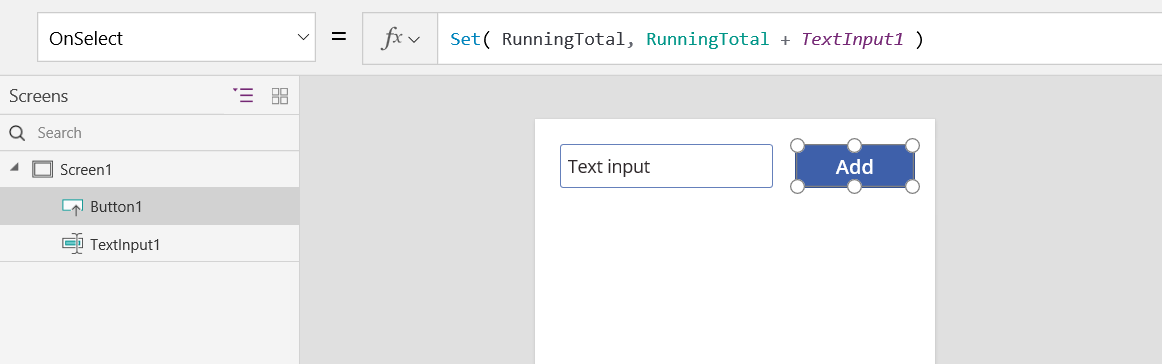 Screenshot of the OnSelect property of the Add button set to the Set function.