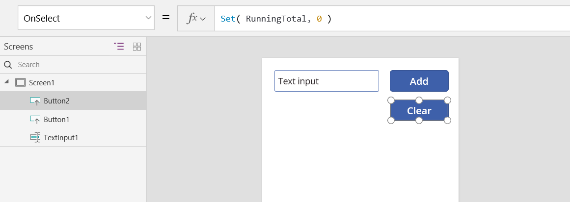 Screenshot of the OnSelect property of the Clear button set to the Set function.
