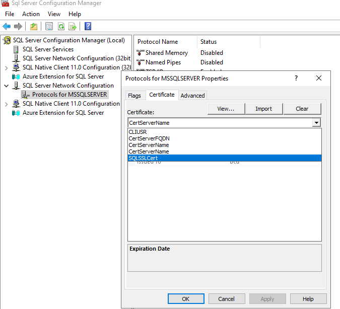 Screenshot of the certificate tab of the properties dialog box in SQL Server Configuration Manager.