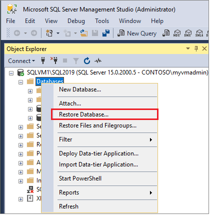 Screenshot showing the steps for starting the Restore Database wizard.