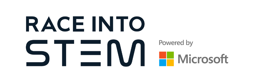 A graphic displaying a logo of race into STEM powered by Microsoft.