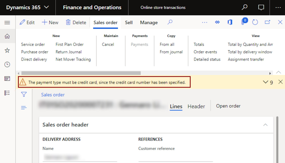 Screenshot that shows the payment type must be credit card error.